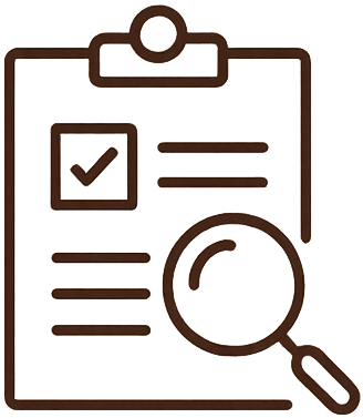 Ikona clipboardu z listą zadań, lupą i zaznaczonym polem wyboru.