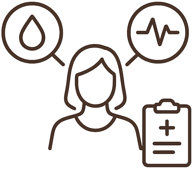 Ikona kobiety otoczonej symbolami badań krwi, pulsu i karty medycznej.