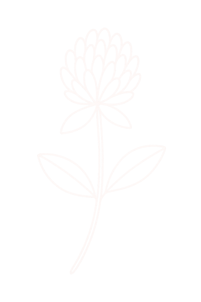 Jasny rysunek koniczyny z liśćmi i kwiatem na beżowym tle.