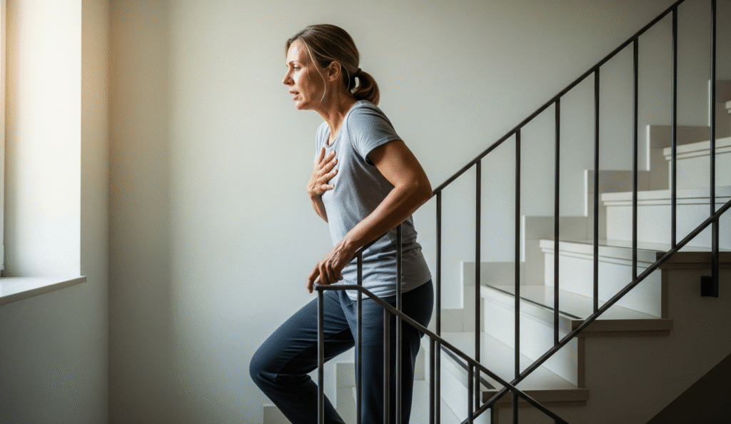 Na zdjęciu kobieta stoi na schodach, opierając się o poręcz i trzymając rękę na klatce piersiowej. Jej wyraz twarzy wskazuje na ból lub trudność w oddychaniu. Scena sugeruje problem zdrowotny związany z sercem lub układem oddechowym.
