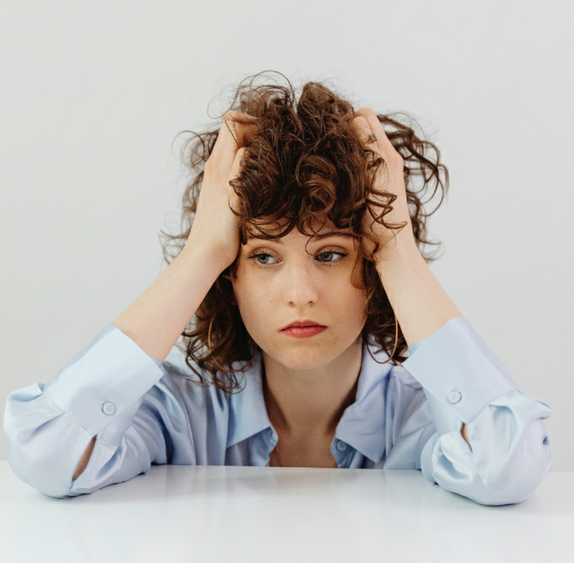Młoda kobieta z burzą kręconych, brązowych włosów trzyma obie dłonie we włosach. Ma na sobie błękitną, jedwabistą koszulę i opiera się na białym blacie. Jej wzrok jest skierowany lekko w bok i w dół, a wyraz twarzy sugeruje zamyślenie, frustrację lub stres. Tło jest całkowicie białe.