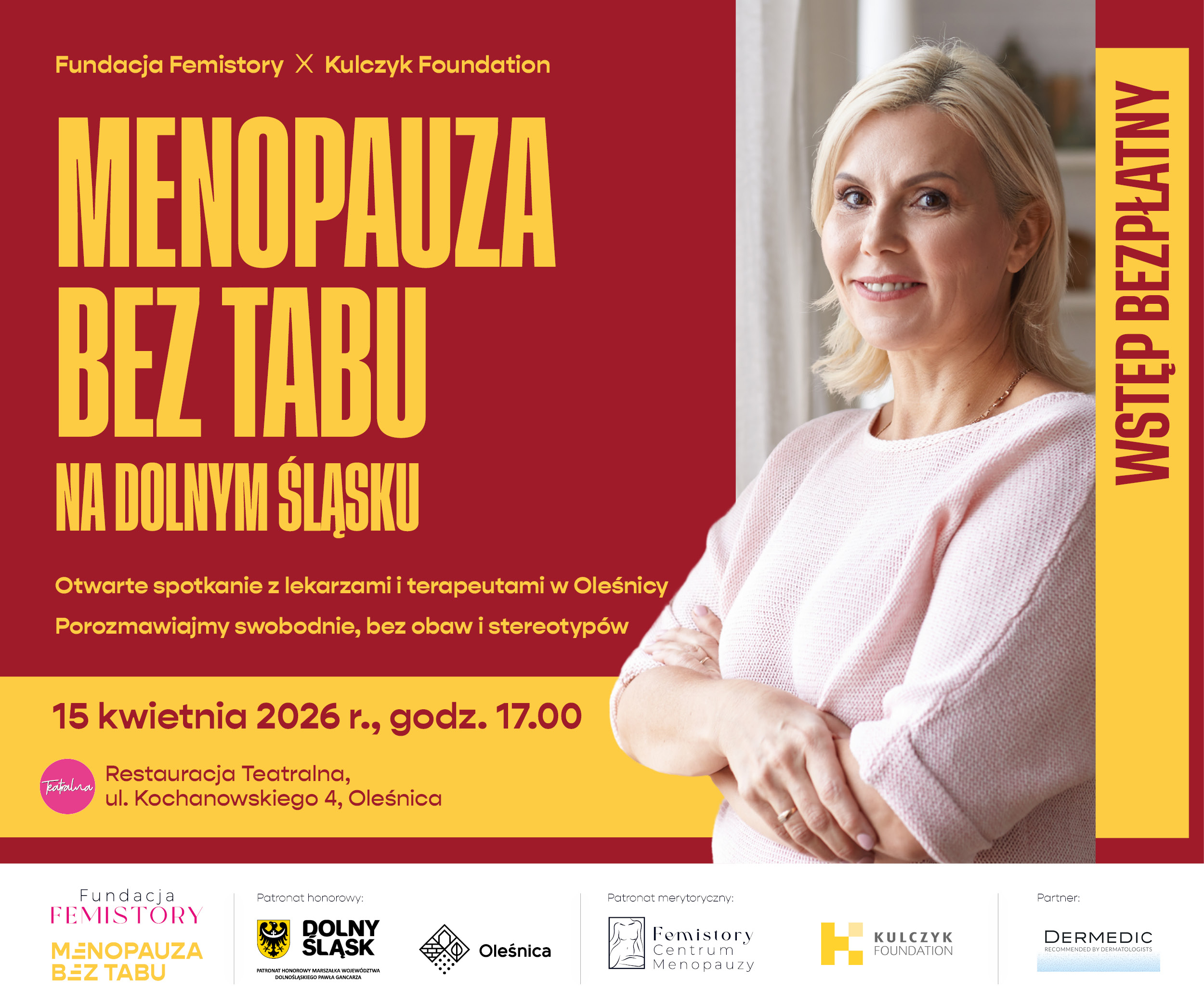 plakat ma ciemnoczerwone tło i żółty pasek boczny po prawej stronie. Po prawej stronie, na pierwszym planie, widać uśmiechniętą kobietę w dojrzałym wieku