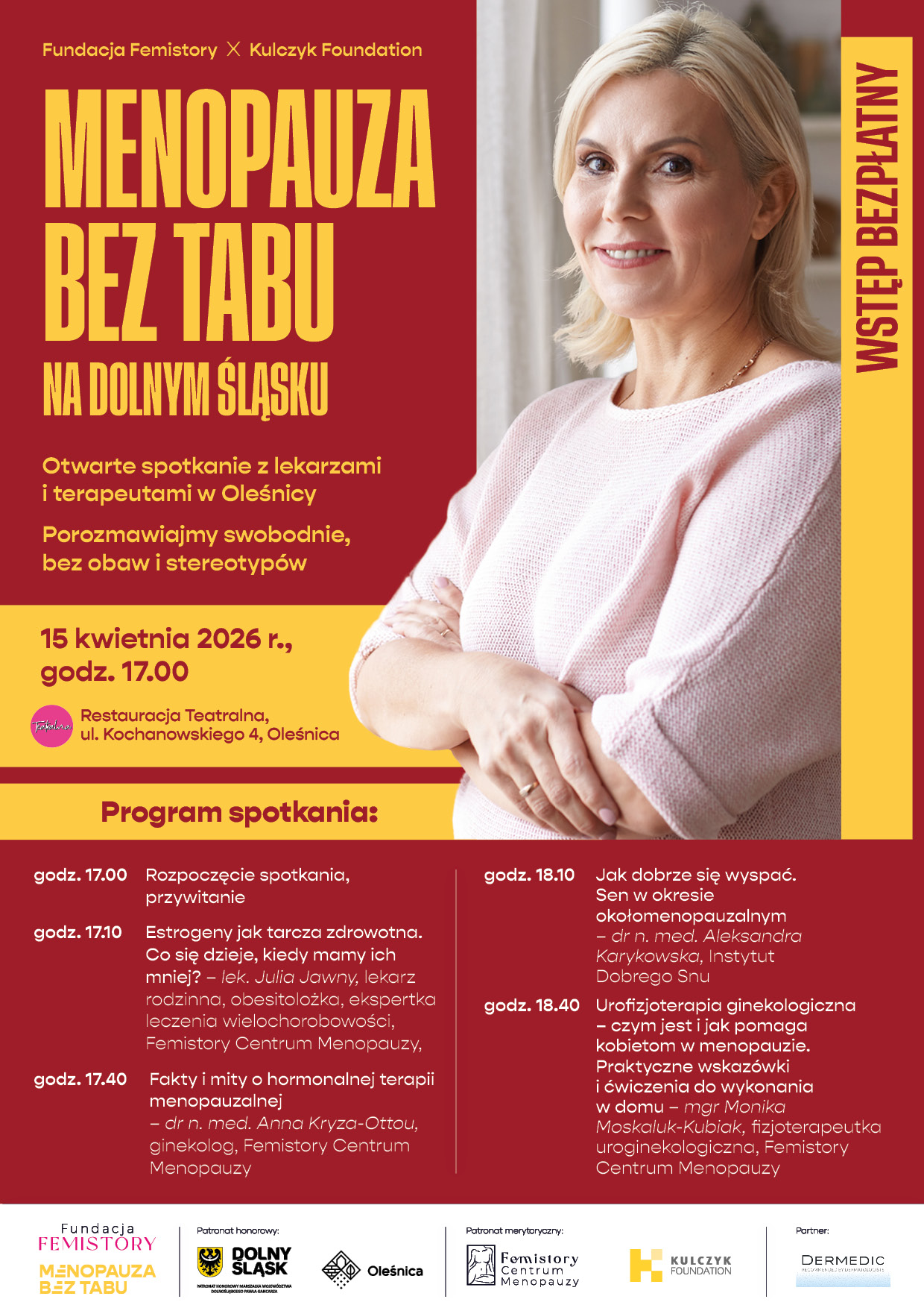 plakat ma ciemnoczerwone tło i żółty pasek boczny po prawej stronie. Po prawej stronie, na pierwszym planie, widać uśmiechniętą kobietę w dojrzałym wieku